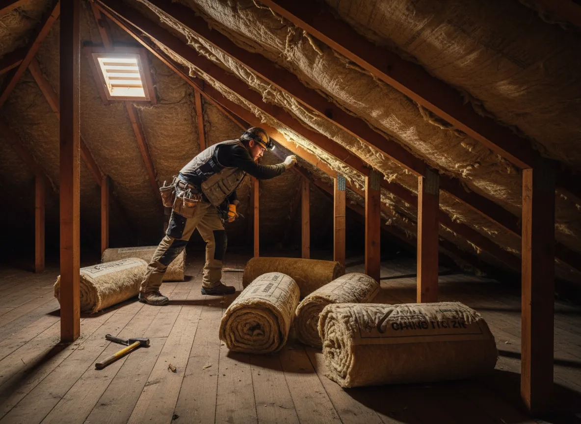 Inspector checking roof from inside attic
